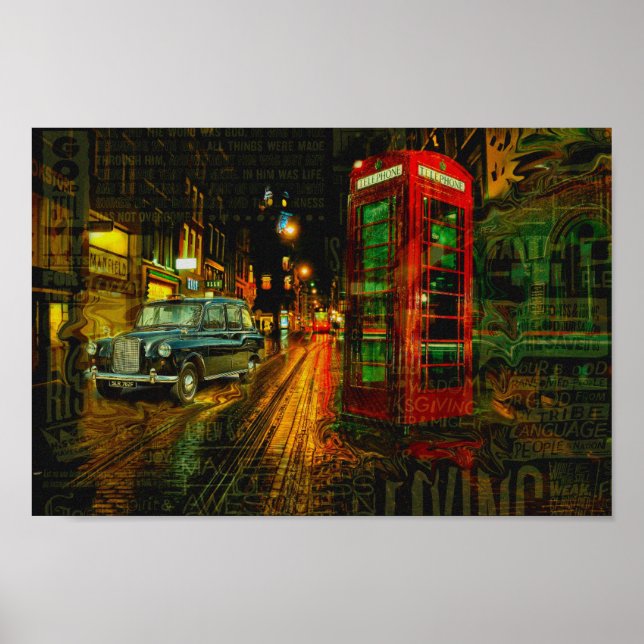 London big ben black cab taxi red telephone box poster (Front)