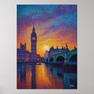 London Big Ben Pointillism Skyline Sunset Art Poster