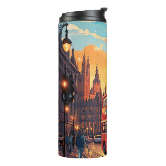 London Big Ben Red Bus Sunset Watercolor Thermal Tumbler