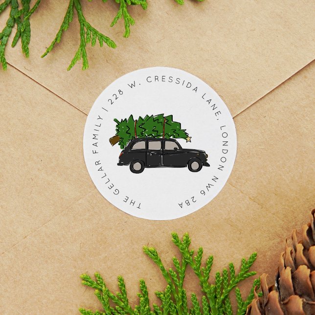 London Black Cab Christmas Tree Taxi Address Classic Round Sticker (London Black Cab Christmas Tree Taxi Address Classic Round Sticker)