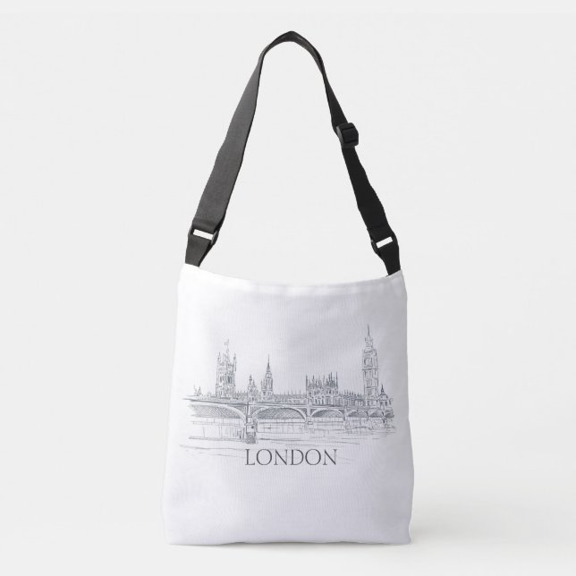 London Bridge Big Ben Pen and Ink Drawing Crossbody Bag (Front)