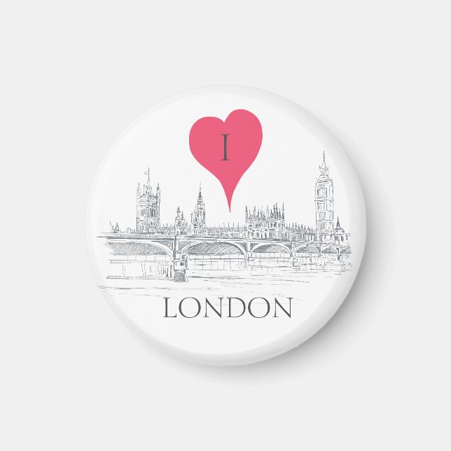 London Bridge Big Ben Pen and Ink with Red Heart Magnet (Front)