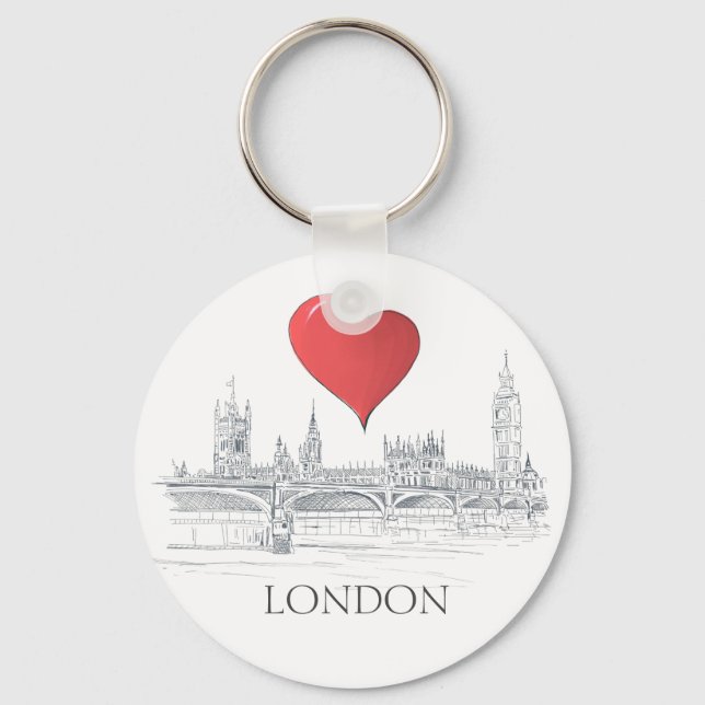 London Bridge Big Ben Skyline with Red Heart Key Ring (Front)