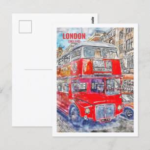 London Bus England Famous Travel Place Watercolor Postcard