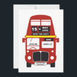 London Bus Save the Date card personalised<br><div class="desc">Personalised red London Bus Save the Date card. A great way to announce your wedding!  More options on: http://www.zazzle.co.uk/designbyredline</div>