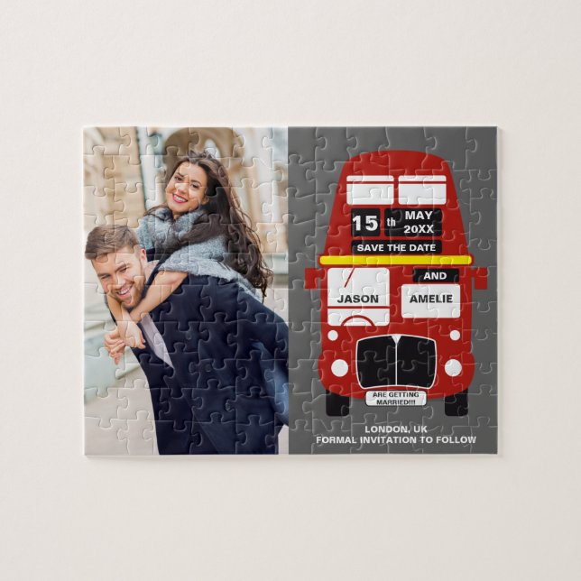 London Bus Save the Date grey Photo Jigsaw Puzzle (Horizontal)