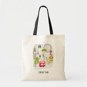 London Cartoon Map People Landmarks Contemporary Tote Bag