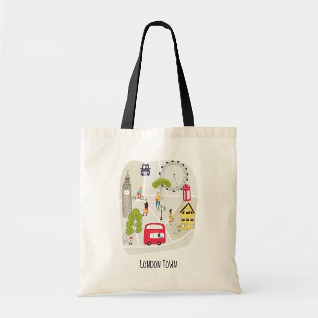London Cartoon Map People Landmarks Contemporary Tote Bag (Front)