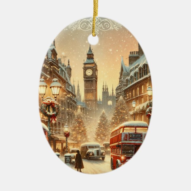 London Christmas Card – London Festive Scene Ceramic Tree Decoration (Front)