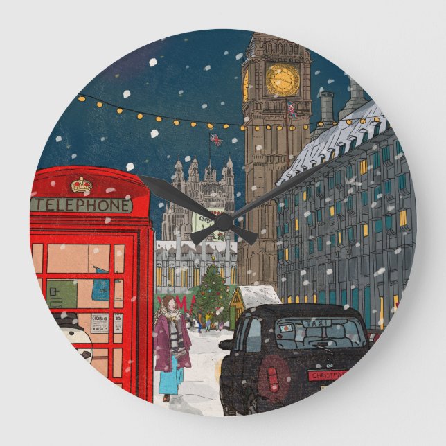 London Christmas Night Cityscape Retro-inspired Large Clock (Front)