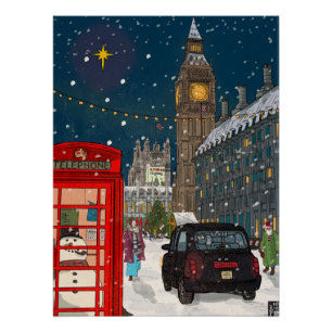 London Christmas Night Cityscape Retro-inspired Poster