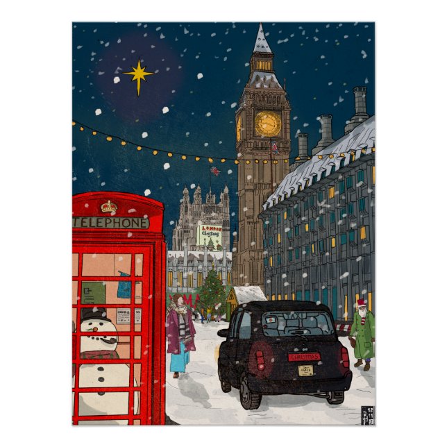 London Christmas Night Cityscape Retro-inspired Poster (Front)