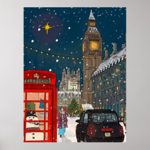 London Christmas Night Cityscape Retro-inspired Poster
