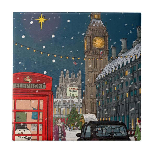 London Christmas Night Cityscape Retro-inspired Tile (Front)