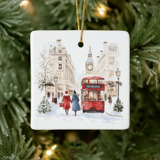 London Christmas Watercolor City Scene Ceramic Ornament (Tree)