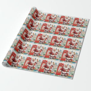 London Christmas with Santa and Telephone booth Wrapping Paper