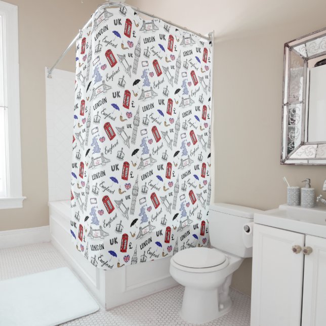 London City Doodles Pattern Shower Curtain (In Situ)