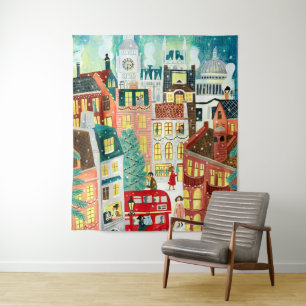 London city in the snow Christmas Illustration Tapestry
