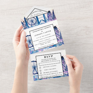 London City RSVP Watercolor Blue Modern Wedding All In One Invitation
