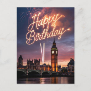 London Cityscape Birthday Greeting with Fireworks Holiday Postcard