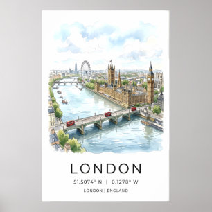 London Cityscape Print Watercolor Thames, Red Bus