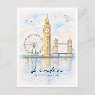 London Cityscape Watercolor   United Kingdom Holiday Postcard