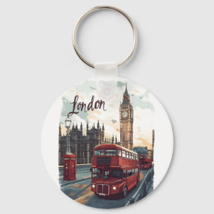 London Cityscape with Double-Decker Bus & Big Ben Key Ring