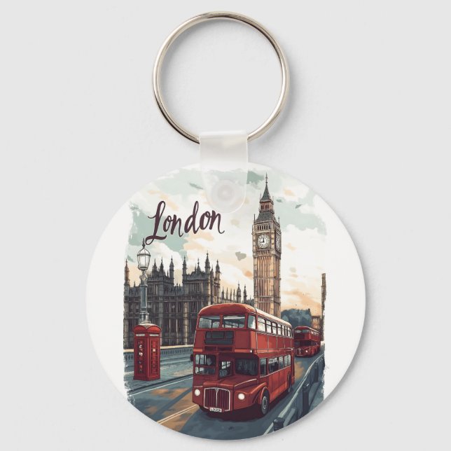 London Cityscape with Double-Decker Bus & Big Ben Key Ring (Front)