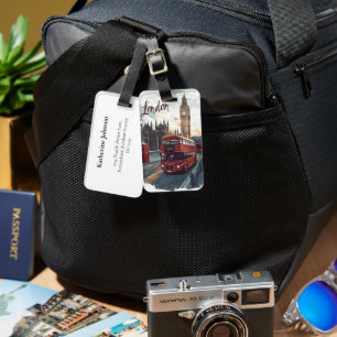 London Cityscape with Double-Decker Bus & Big Ben Luggage Tag