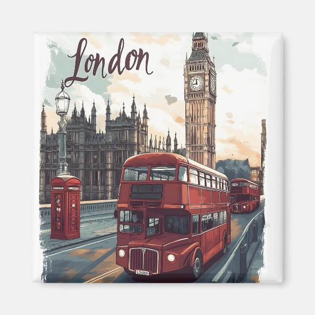 London Cityscape with Double-Decker Bus & Big Ben Magnet (Front)