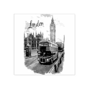 London Cityscape with Double-Decker Bus & Big Ben Rubber Stamp