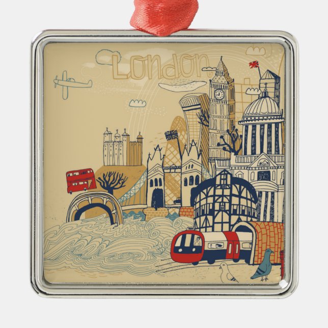 London Doodle Scene Metal Tree Decoration (Front)