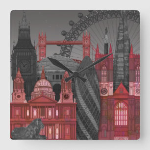 London Elevations by Night - Red Square Wall Clock