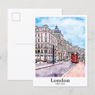 London England Art Travel Watercolor Hand Drawn Postcard