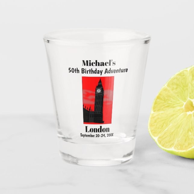 London England Big Ben Birthday Party Trip Favour Shot Glass (Front)