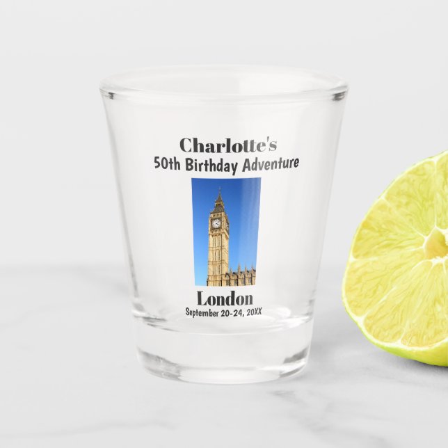 London England Big Ben Birthday Party Trip Favour Shot Glass (Front)