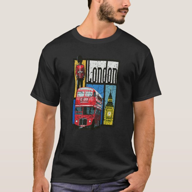 London England Big Ben Double Decker Queens Guard  T-Shirt (Front)