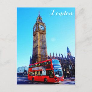 London England Big Ben Red Bus Postcard