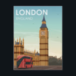 London England Big Ben Vintage Travel Postcard<br><div class="desc">Retro London England travel poster illustration that features a red double-decker bus driving past the Houses of Parliament along with a view of the clock tower famously known as Big Ben. This vintage design will bring back memories of classic travel posters from a bygone era.</div>
