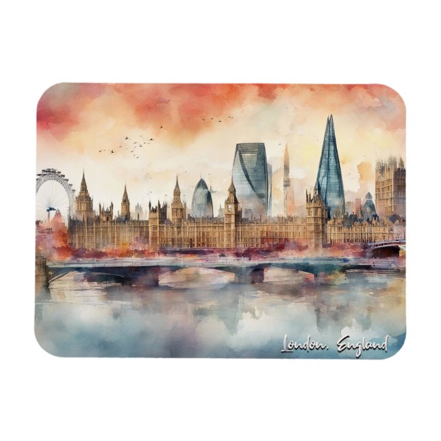 London England City Silhouette Watercolor Painting Magnet (Horizontal)