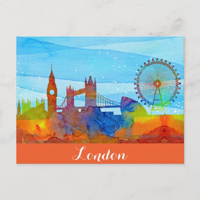 London England City Skyline Watercolor Postcard (Front)