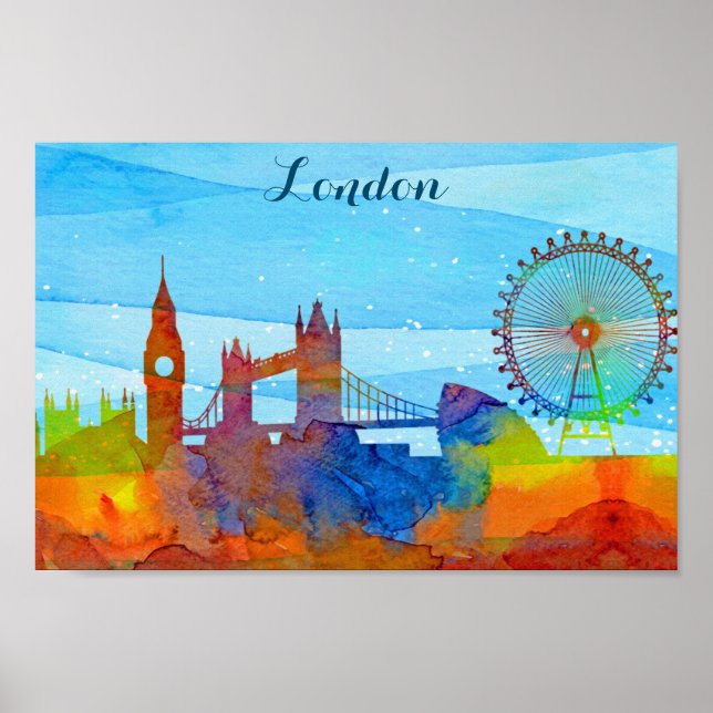 London England City Skyline Watercolor Poster (Front)