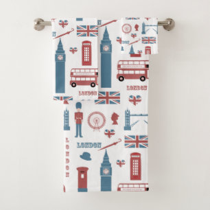 London England Flag, Double Decker Bus, Big Ben Bath Towel Set