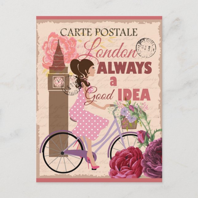 London England Pink Vintage Travel Postcard (Front)