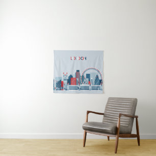 London, England Red, White and Blue Skyline Tapestry