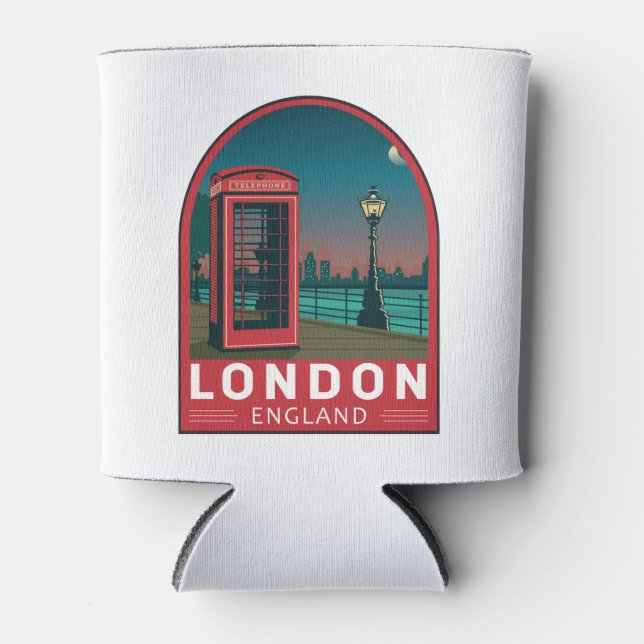 London England Retro Travel Art Vintage Can Cooler (Front)