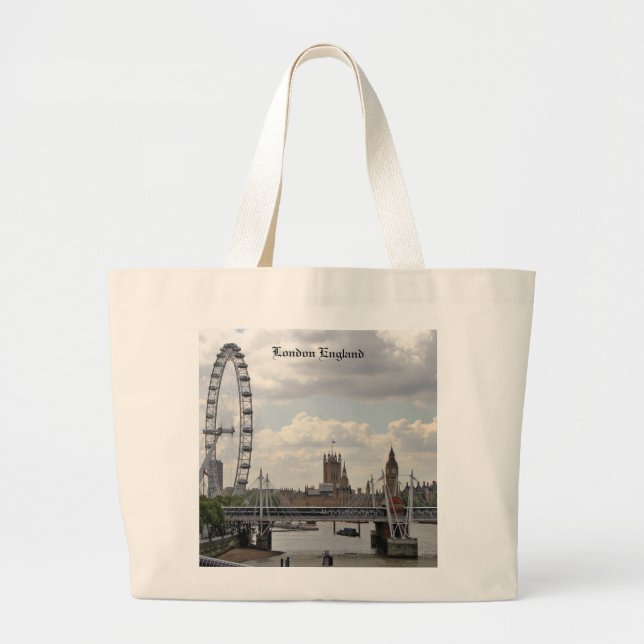 London England Skyline, Big Ben, London Eye,Thames Large Tote Bag (Front)