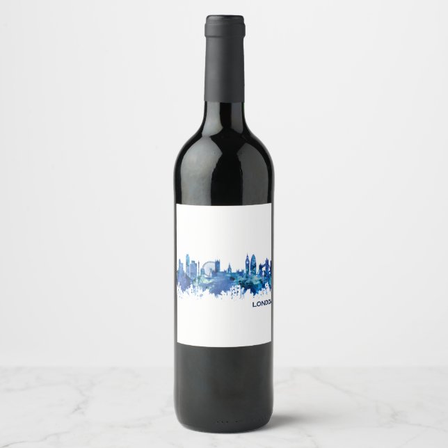 London England Skyline Blue Wine Label (Front)