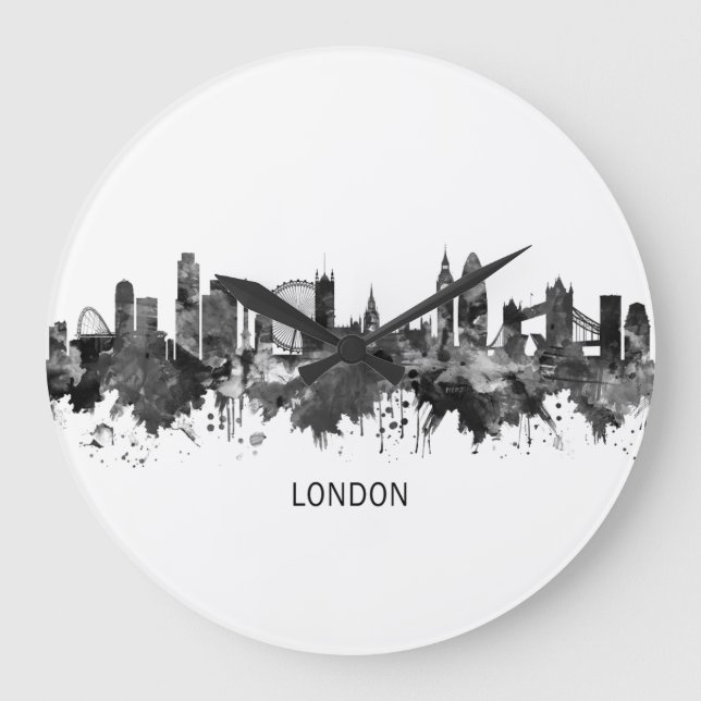 London England Skyline BW Large Clock (Front)
