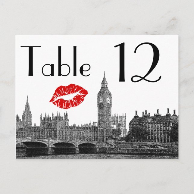 London England Skyline Kiss BW Table Number Card (Front)